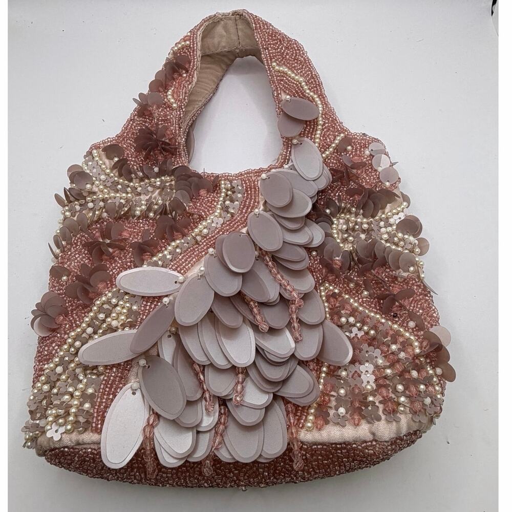Express Mauve Pink Beaded Sequined Evening Handbag Top Handle Clutch
